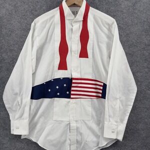 Vintage After Six Tuxedo Shirt Mens Medium Patriotic USA Flag Stars Bowtie 90s